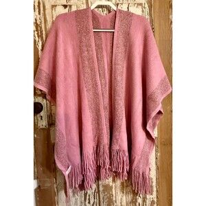 Kollie More Knitted Acrylic Wrap Shawl w/ Fringe - Pink w/ Gold Metallic